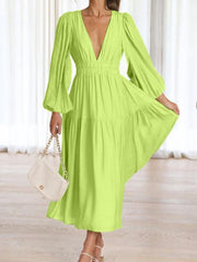 Deep V-Neck Balloon Sleeve Plain Maxi Dress - Flyclothing LLC