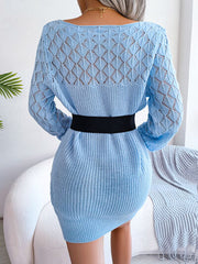 Openwork Boat Neck Sweater Dress - Flyclothing LLC