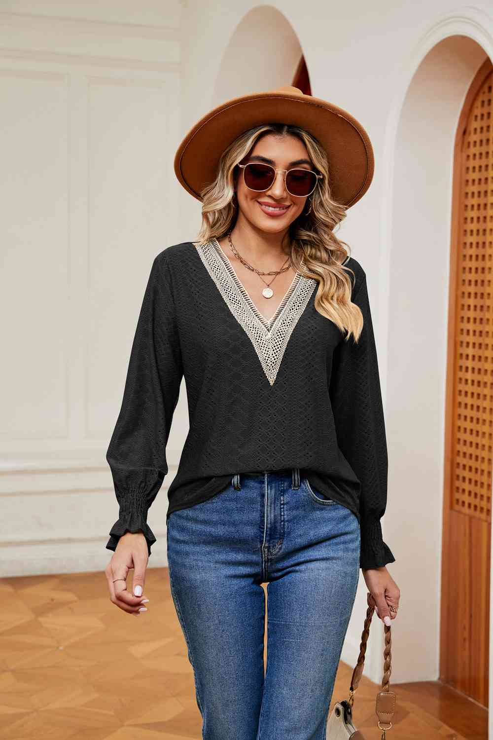 Contrast Flounce Sleeve Blouse - Flyclothing LLC