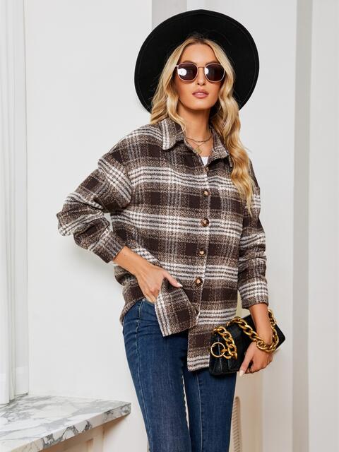 Plaid Collared Shirt Jacket - Flyclothing LLC