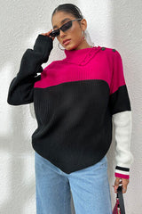 Contrast Buttoned Cutout Long Sleeve Sweater - Flyclothing LLC