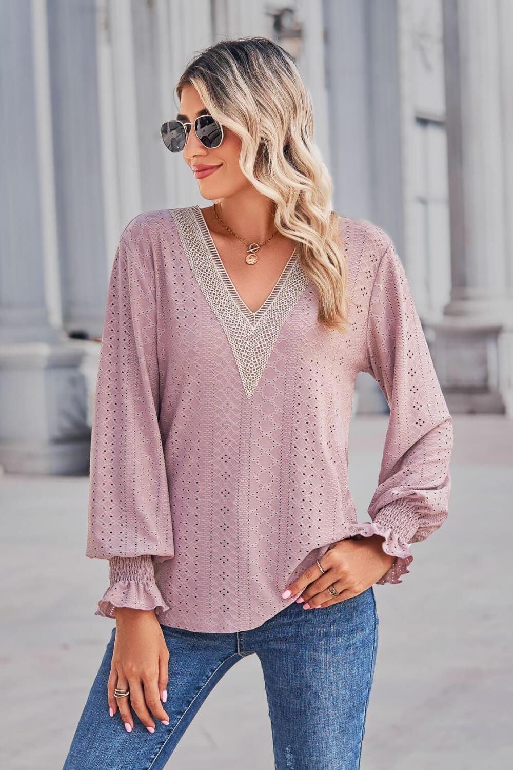 Contrast V-Neck Flounce Sleeve Top - Trendsi