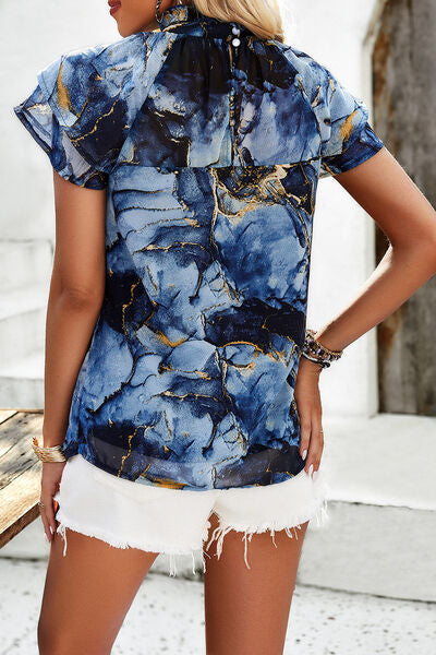 Printed Ruffled Mock Neck Blouse - Flyclothing LLC