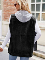 Drawstring Hooded Sleeveless Denim Jacket - Flyclothing LLC