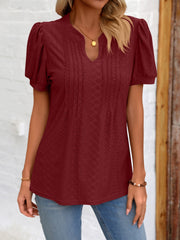 Eyelet Notched Puff Sleeve T-Shirt - Flyclothing LLC