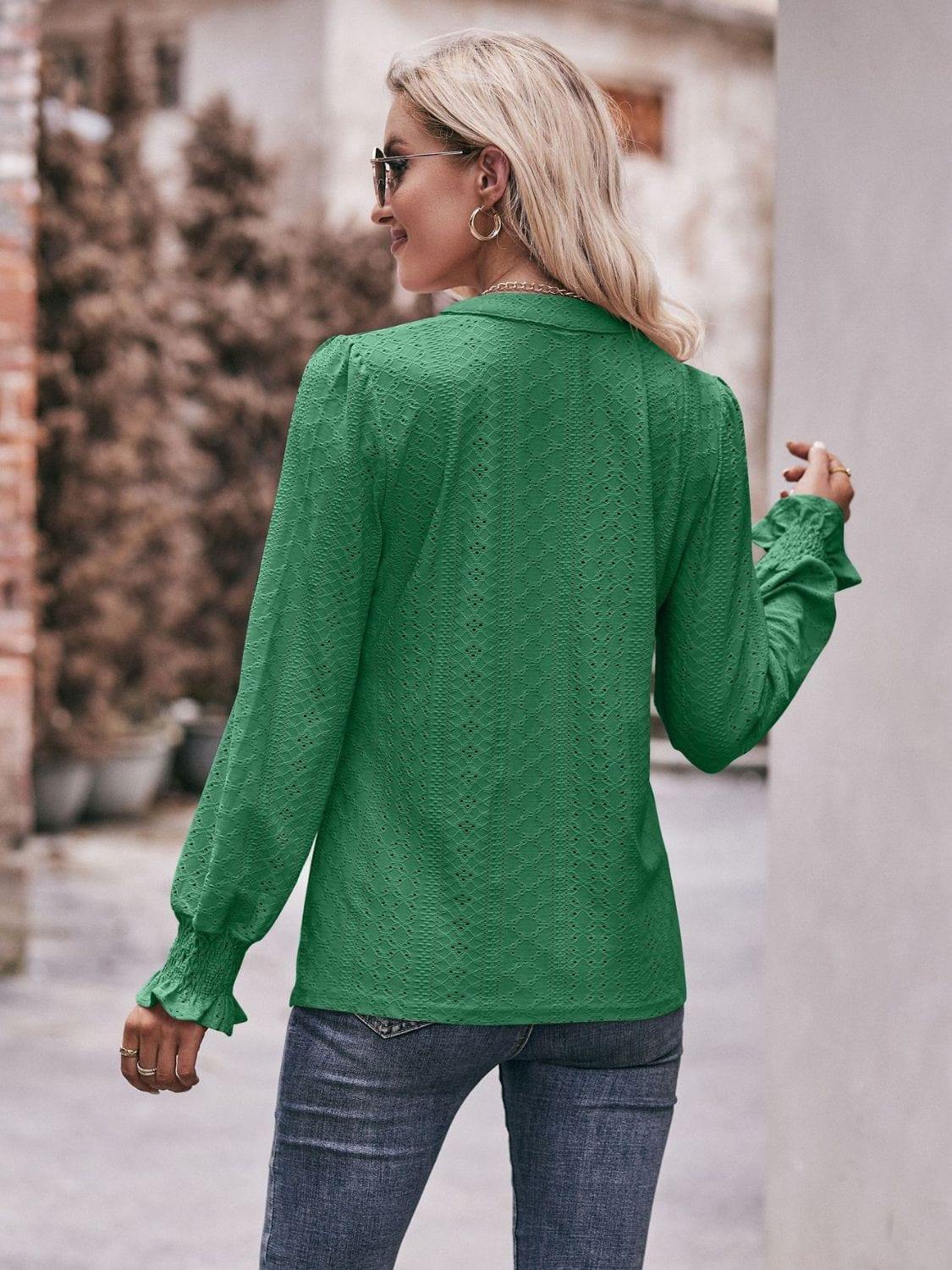 Eyelet Notched Neck Flounce Sleeve Blouse - Trendsi