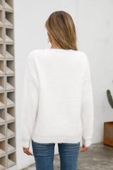 Dropped Shoulder Round Neck Fuzzy Sweater - Flyclothing LLC