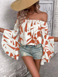 Printed Off-Shoulder Bell Sleeve Blouse - Flyclothing LLC