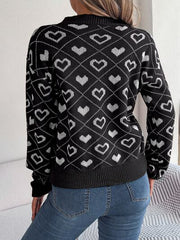 Heart Pattern V-Neck Long Sleeve Sweater - Flyclothing LLC