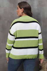 Plus Size Striped V-Neck Dropped Shoulder Sweater - Flyclothing LLC