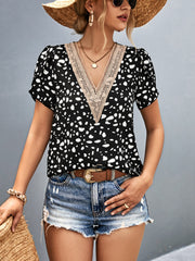 Animal Print V-Neck Petal Sleeve Blouse - Flyclothing LLC