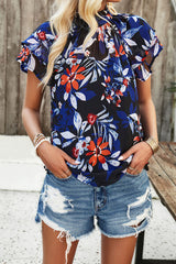 Printed Ruffled Mock Neck Blouse - Flyclothing LLC