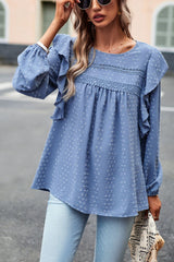 Ruffle Trim Balloon Sleeve Blouse - Flyclothing LLC