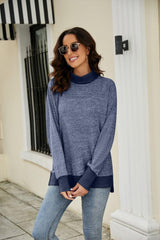 Heathered Slit High-Low Long Sleeve Top - Trendsi