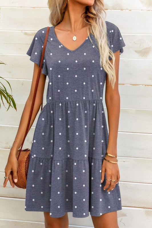 Polka Dot V-Neck Flutter Sleeve Mini Dress - Flyclothing LLC