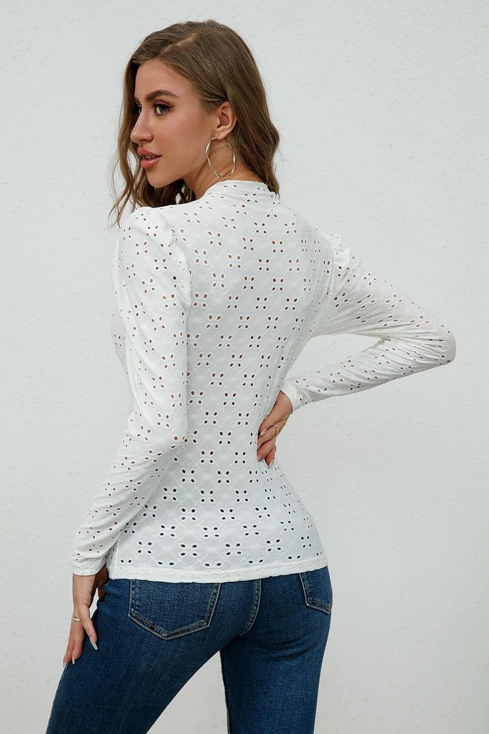 Round Neck Eyelet Long Sleeve Blouse - Flyclothing LLC