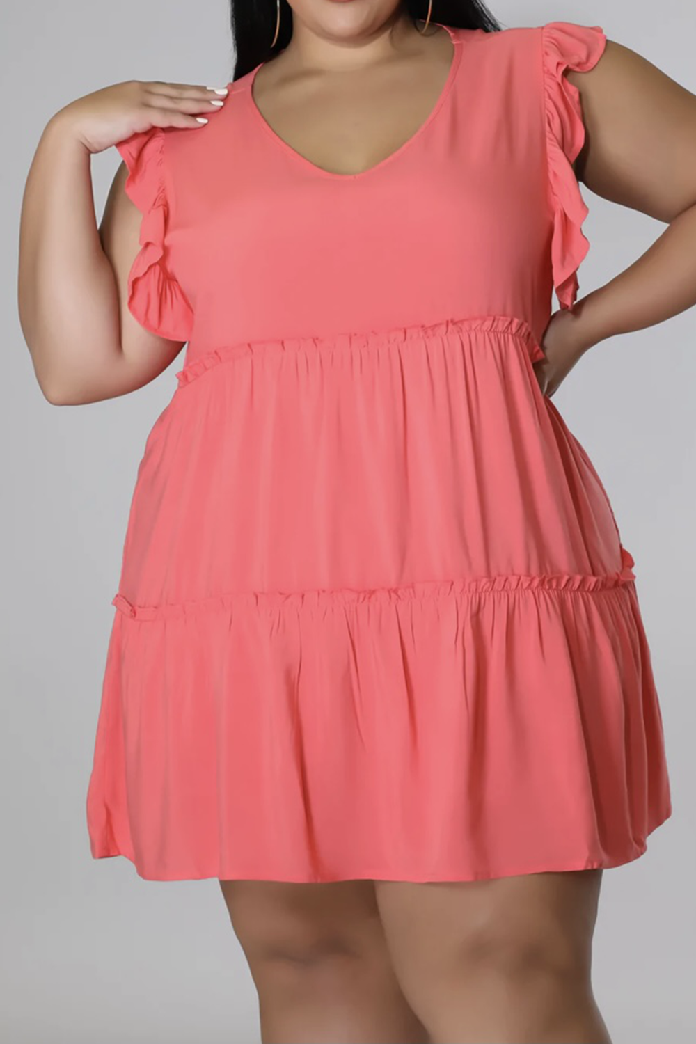 Plus Size V-Neck Frill Trim Mini Dress - Flyclothing LLC