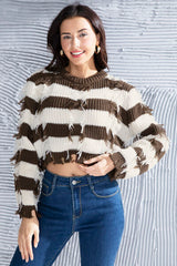 Striped Fringe Round Neck Sweater - Flyclothing LLC