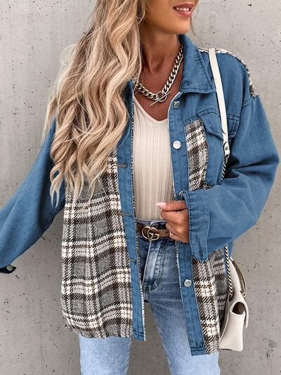 Plaid Button Up Dropped Shoulder Jacket - Flyclothing LLC