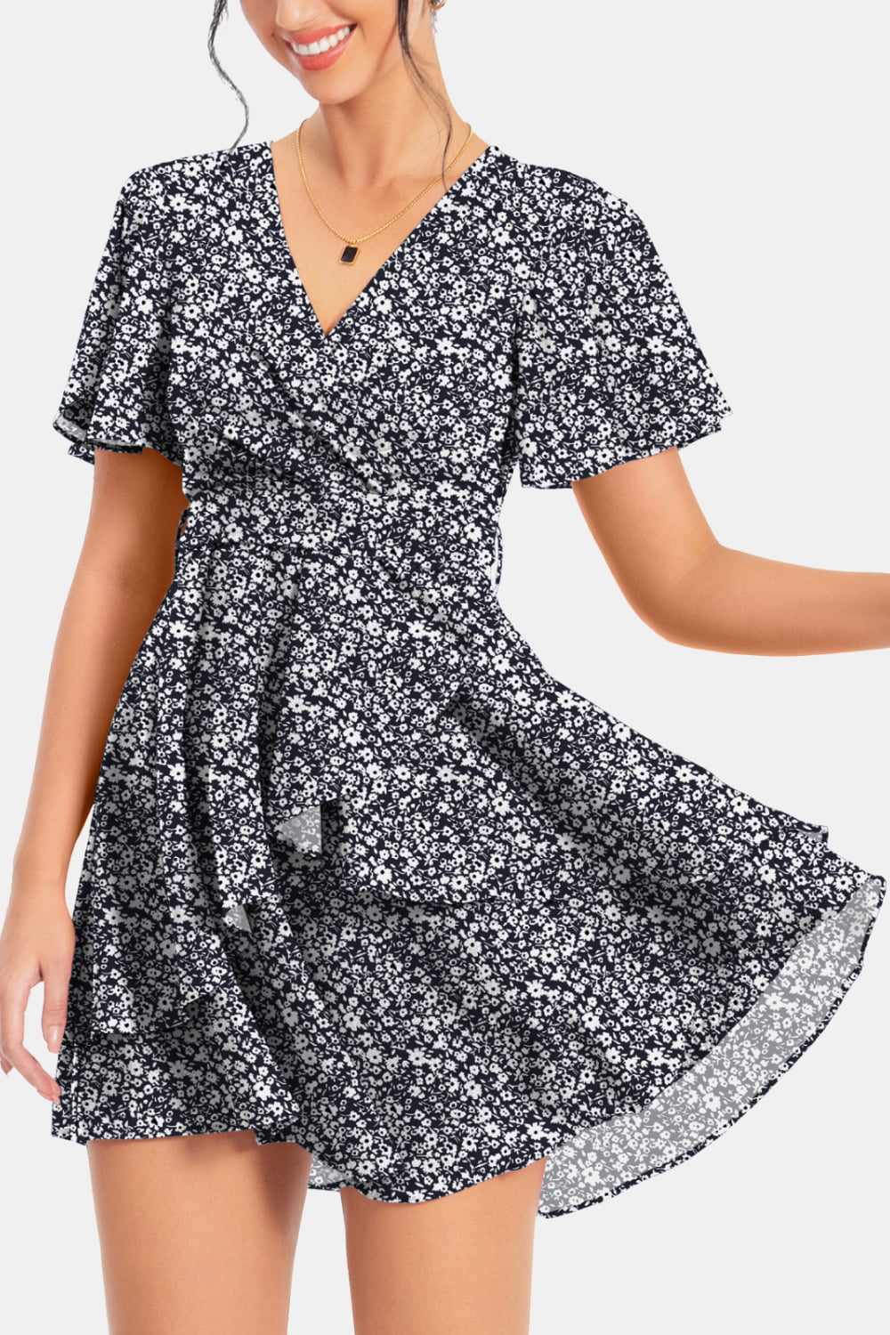 Surplice Neck Flutter Sleeve Dress - Flyclothing LLC