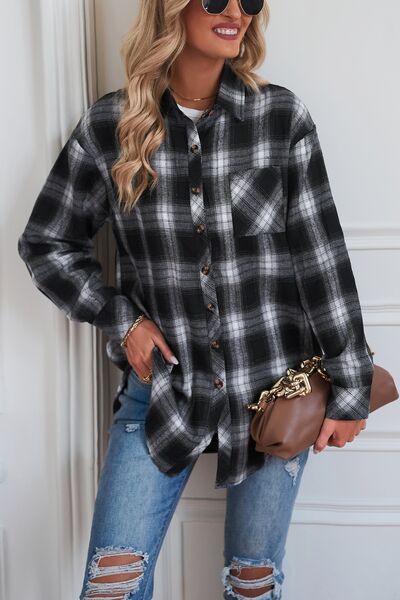 Plaid Button Up Dropped Shoulder Outerwear - Flyclothing LLC