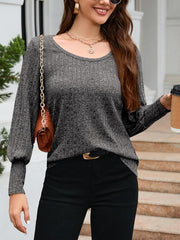 Ribbed Round Neck Lantern Sleeve Knit Top - Flyclothing LLC