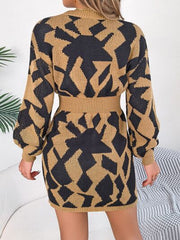 Contrast Round Neck Cutout Long Sleeve Mini Sweater Dress - Flyclothing LLC