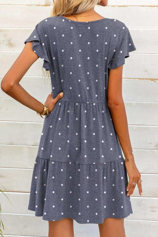 Polka Dot V-Neck Flutter Sleeve Mini Dress - Flyclothing LLC