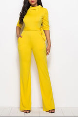 Mock Neck Tie-Waist Half Sleeve Jumpsuit - Flyclothing LLC