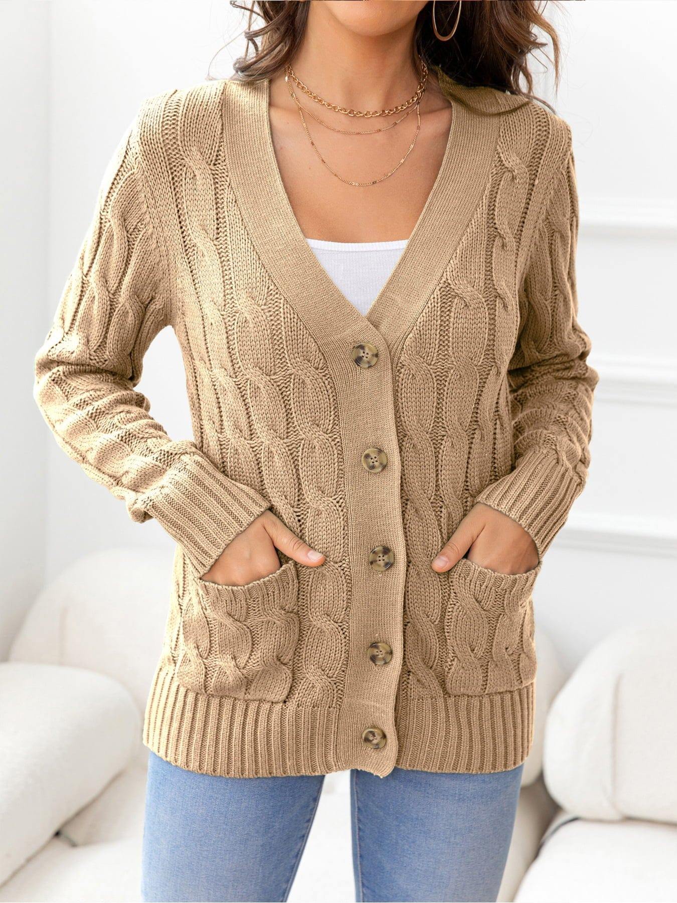 Button Down Cable-Knit Cardigan - Trendsi