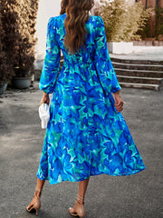 Printed V-Neck Long Sleeve Midi Dress - Flyclothing LLC