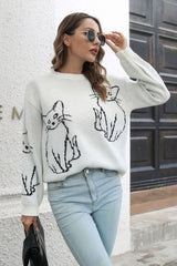 Cat Pattern Round Neck Long Sleeve Pullover Sweater - Flyclothing LLC