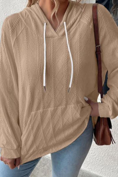 Textured Drawstring Kangaroo Pocket Hoodie - Flyclothing LLC