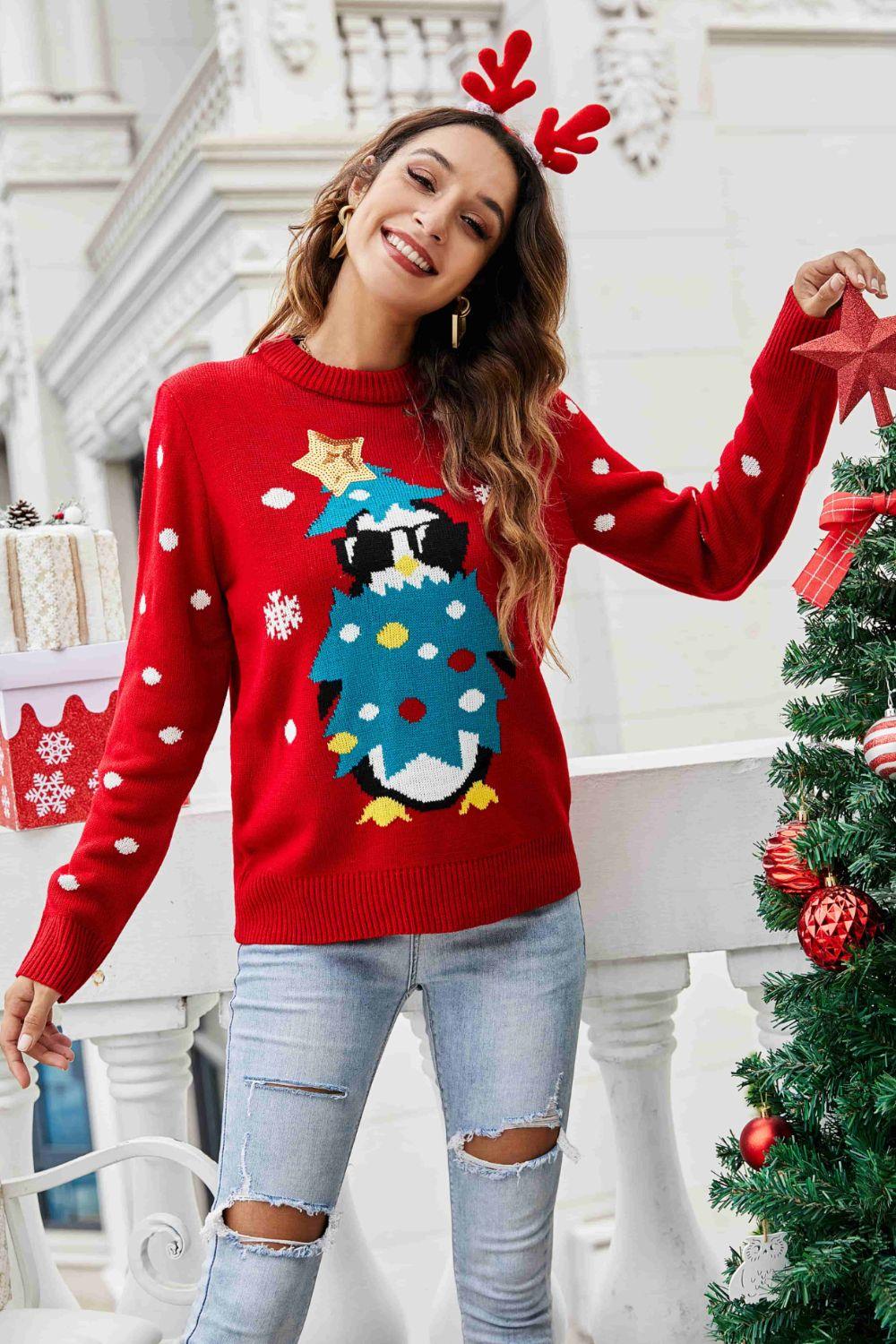 Christmas Penguin Graphic Sequin Sweater - Trendsi