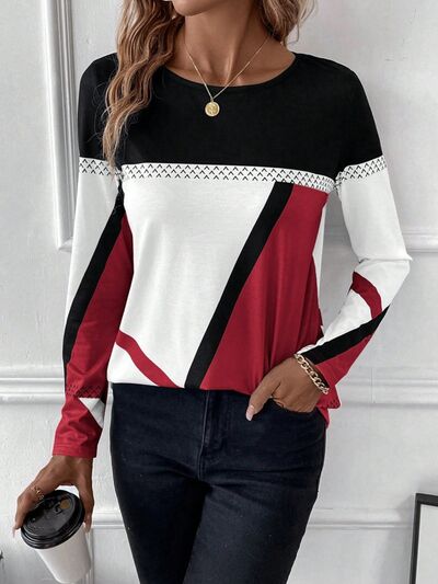 Contrast Round Neck Long Sleeve T-Shirt - Flyclothing LLC