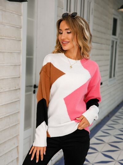 Color Block Round Neck Dropped Shoulder Sweater - Flyclothing LLC