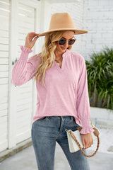 Heathered Flounce Sleeve Curved Hem Top - Trendsi