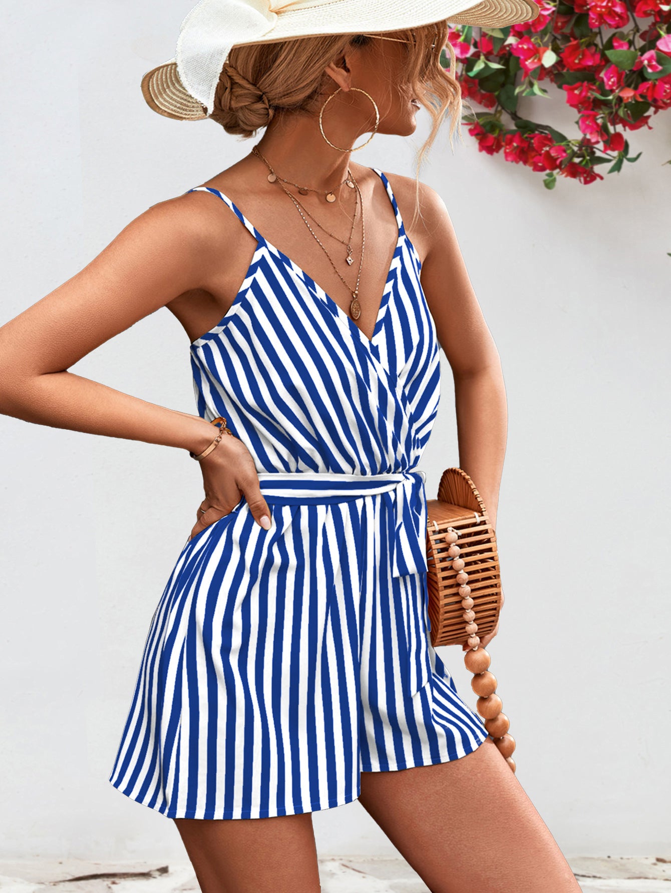 Striped Tie Waist Spaghetti Strap Romper - Flyclothing LLC