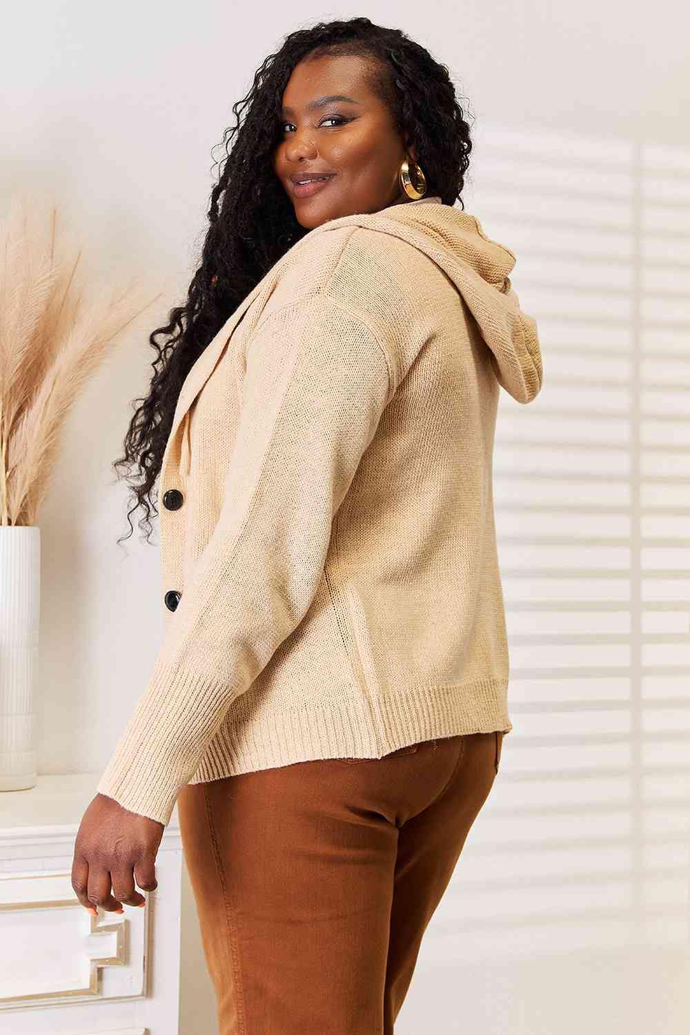 Woven Right Button-Down Long Sleeve Hooded Sweater - Flyclothing LLC