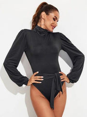 Backless Tie-Waist Turtleneck Lantern Sleeve Bodysuit - Flyclothing LLC