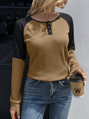 Contrast Buttoned Round Neck Raglan Sleeve Top - Flyclothing LLC