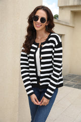 Striped Round Neck Button-Down Dropped Shoulder Cardigan - Flyclothing LLC