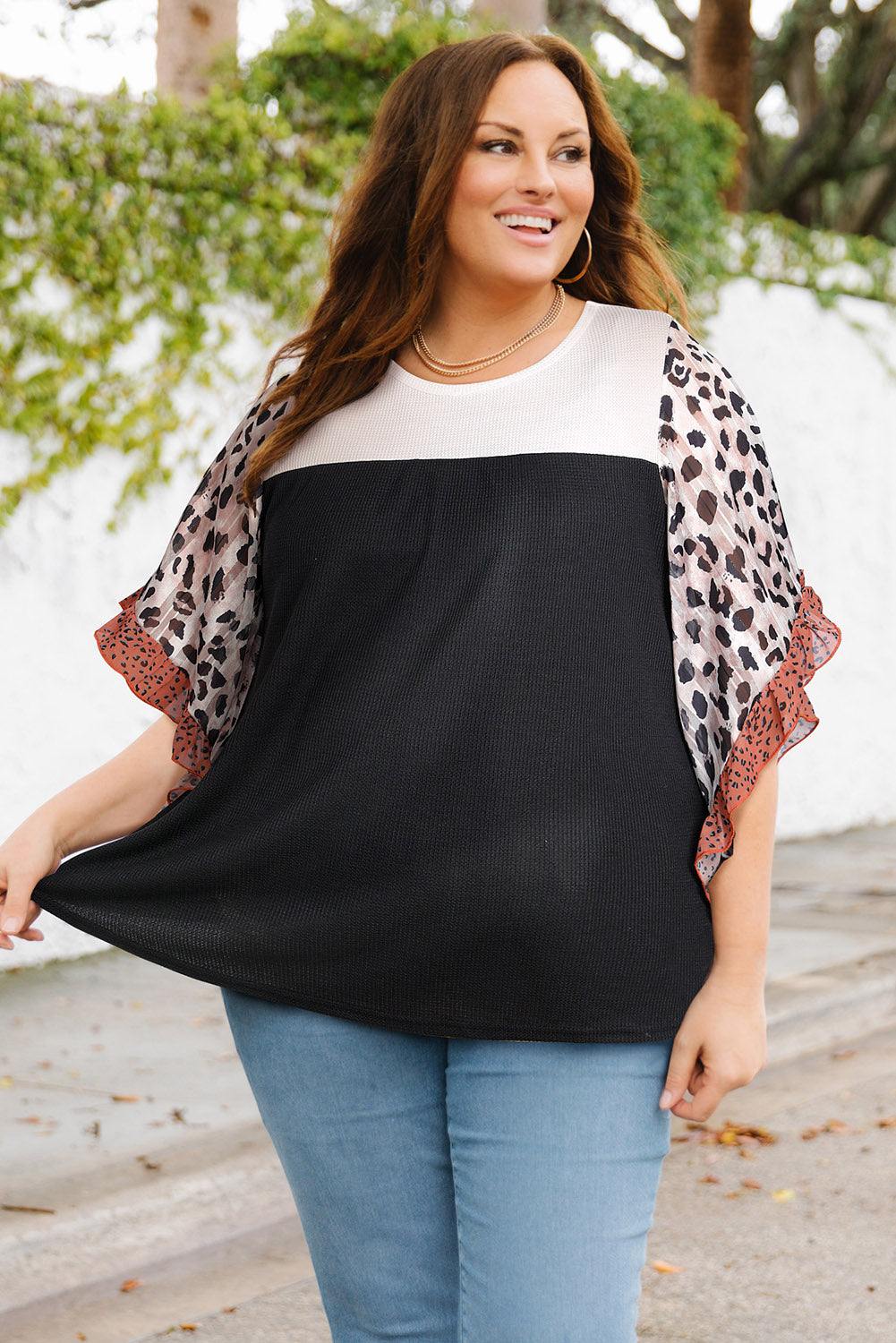 Plus Size Printed Color Block Ruffled Blouse - Flyclothing LLC