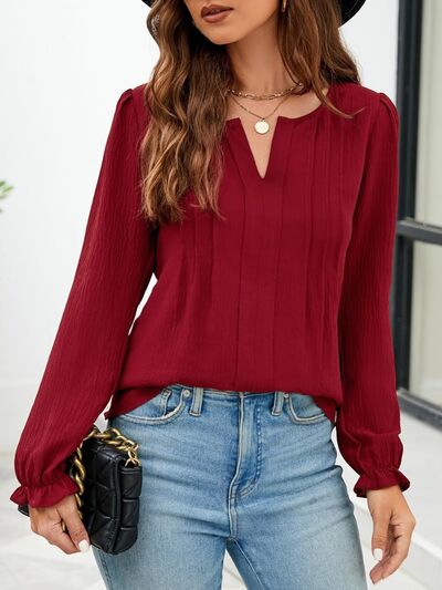 Notched Flounce Sleeve Blouse - Flyclothing LLC