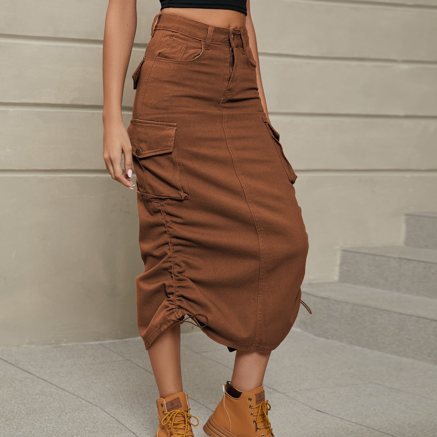 Drawstring Ruched Slit Denim Midi Skirt - Trendsi