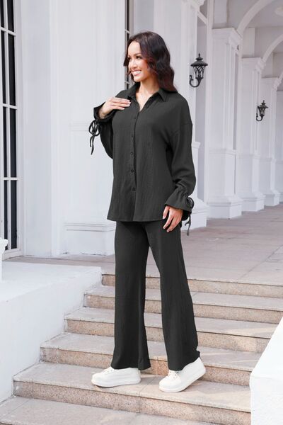 Drawstring Flounce Sleeve Shirt and Pants Set - Flyclothing LLC