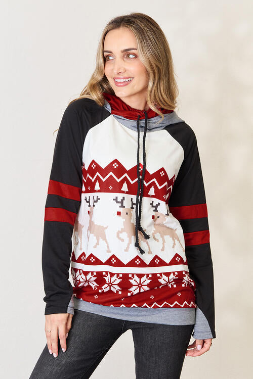 Double Take Full Size Christmas Drawstring Long Sleeve Hoodie - Flyclothing LLC