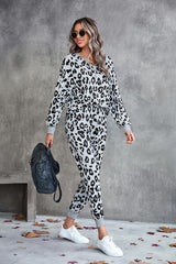 Leopard V-Neck Dropped Shoulder Loungewear Set - Trendsi