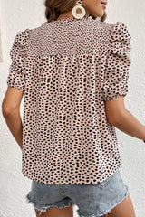 Printed Smocked Puff Sleeve Blouse - Flyclothing LLC