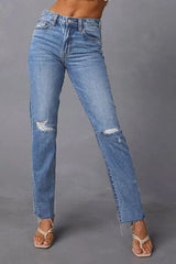 Distressed Raw Hem Straight Jeans with Pockets - Flyclothing LLC